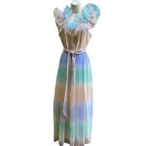 Vintage Pastel Rainbow Tulle and Ruffle 80s Off Shoulder Maxi Length Dress 7/8